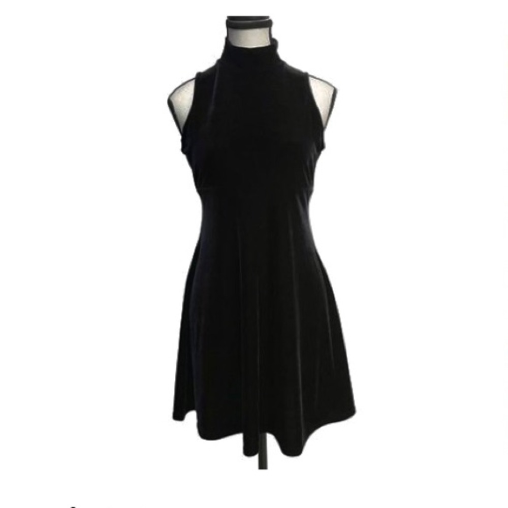 Elegant🖤Velveteen Black Knit Sleeveless Mock-neck A-line Swing Dress! New! S/M